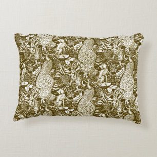 Art Nouveau Pfauen-Druck, Braun und Creme Dekokissen