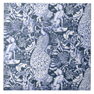 Art Nouveau Pfauen Druck, Navy und Weiß Fliese