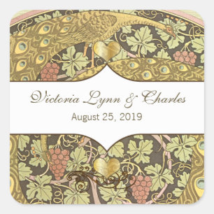 Art Nouveau Pfauen Herz Hochzeitssiegel Quadratischer Aufkleber