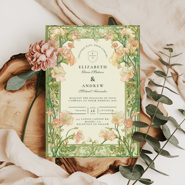 Art Nouveau Pink Sweet Pea Wedding Einladung (Von Creator hochgeladen)