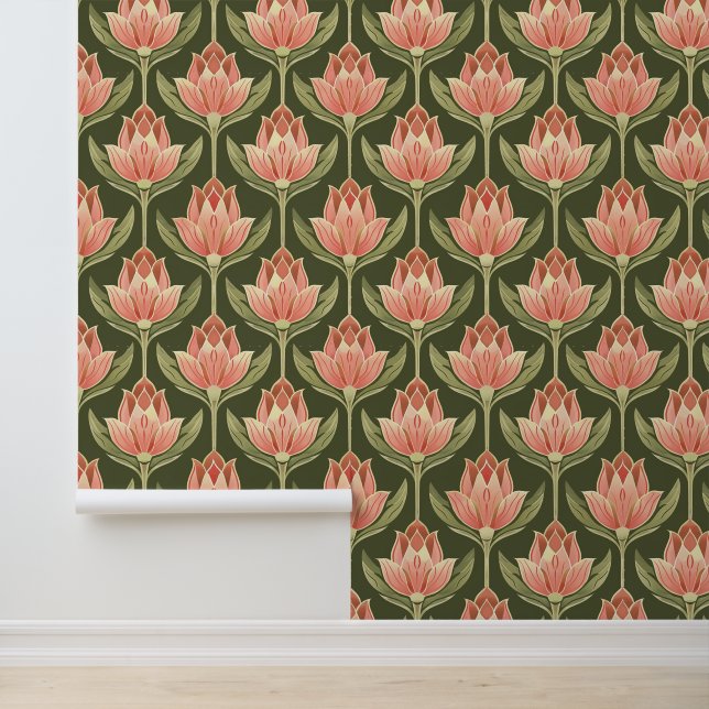 Art Nouveau Pink und Green Tulip Muster abnehmbar Tapete (Anwendung)