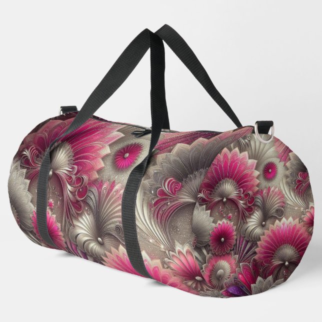Art Nouveau Pink und Silver Fans Duffle Bag (Linke Ecke)