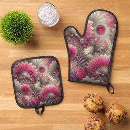 Art Nouveau Pink und Silver Fans Ofenhandschuh & Topflappen-Set