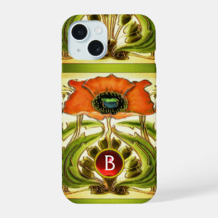 ART NOUVEAU POPPY GEMME VERTE ROUGE STYLISÉE MONO
