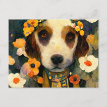Art Nouveau portrait of Beagle dog with flowers