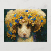Art Nouveau portrait of poodle dog with flowers