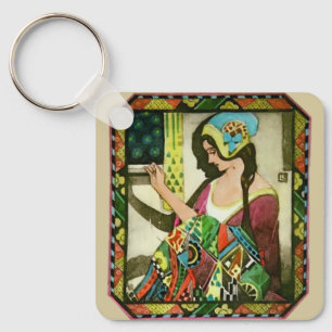 Art Nouveau Quilterin – Vintage nähende Frau Schlüsselanhänger