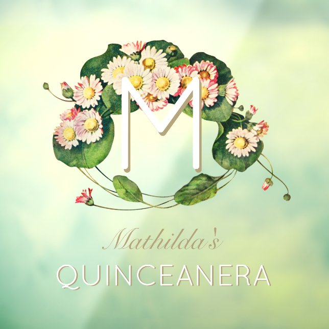 Art Nouveau Quinceanera Daisies Monogramm 15 Jahre Fensteraufkleber (Blatt 3)