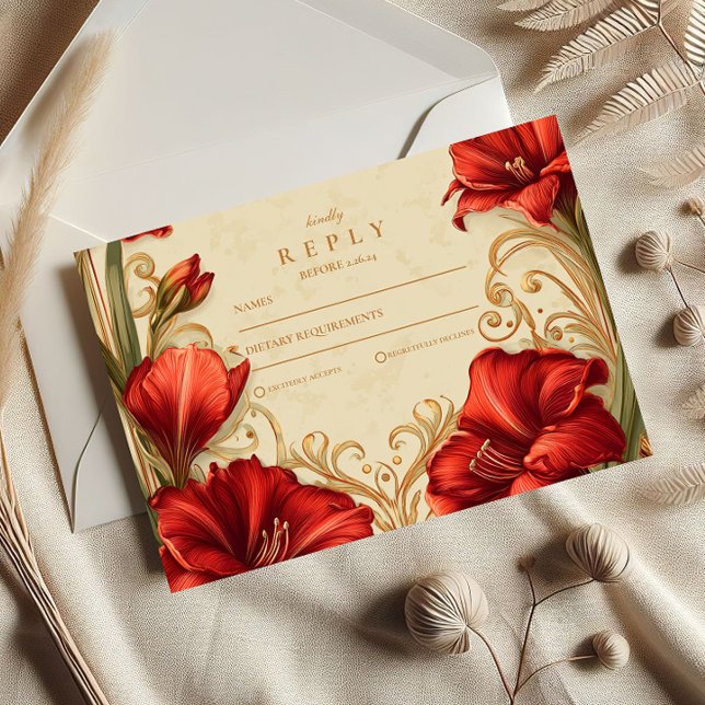 Art Nouveau Red Amaryllis Wedding RSVP Karte (Von Creator hochgeladen)