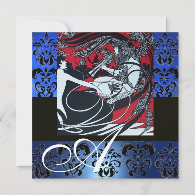 ART NOUVEAU RED BLACK BLUE WHUE WHUE DAMASK MONOGR EINLADUNG (Vorderseite)