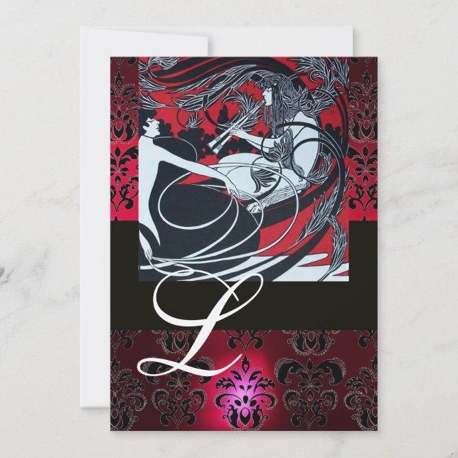 ART NOUVEAU RED BLACK CHAMPAGNE DAMASK MONOGRAMM EINLADUNG (Vorderseite)