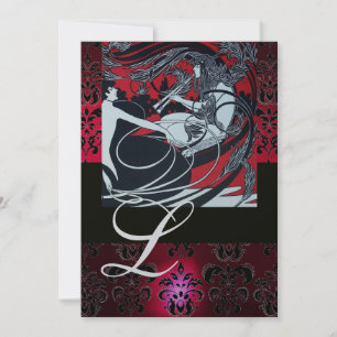 ART NOUVEAU RED BLACK CHAMPAGNE DAMASK MONOGRAMM EINLADUNG