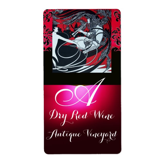 ART NOUVEAU RED BLACK DAMASK MONOGRAM WEINFLASCHE (Vorne)