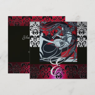 ART NOUVEAU RED BLACK GRAU SILVER DAMASK MONOGRAMM EINLADUNG