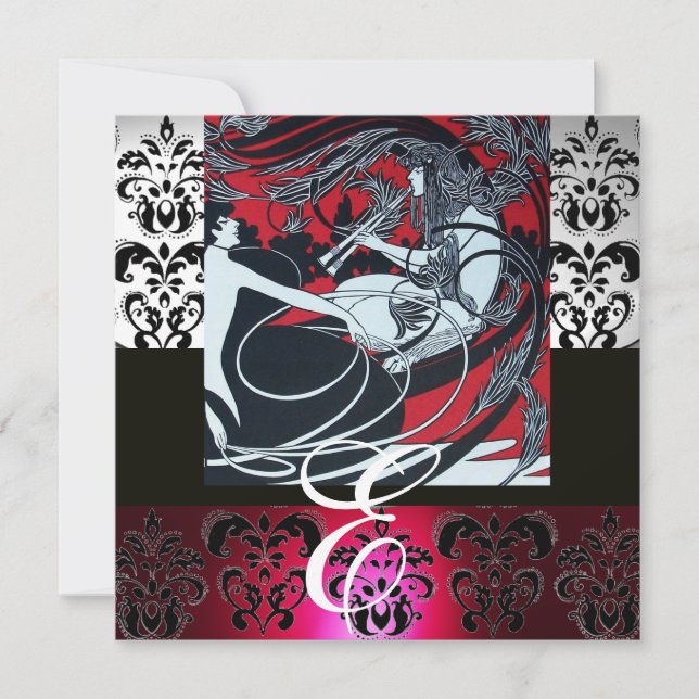 ART NOUVEAU RED BLACK GRAU SILVER DAMASK MONOGRAMM EINLADUNG (Vorderseite)