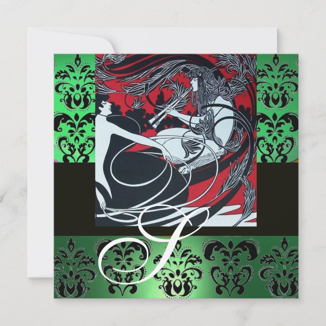 ART NOUVEAU RED BLACK GREEN WHITE DAMASK MONOGRAMM EINLADUNG (Vorderseite)