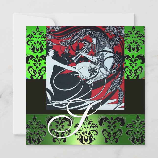 ART NOUVEAU RED BLACK GREEN WHITE DAMASK MONOGRAMM EINLADUNG (Vorderseite)