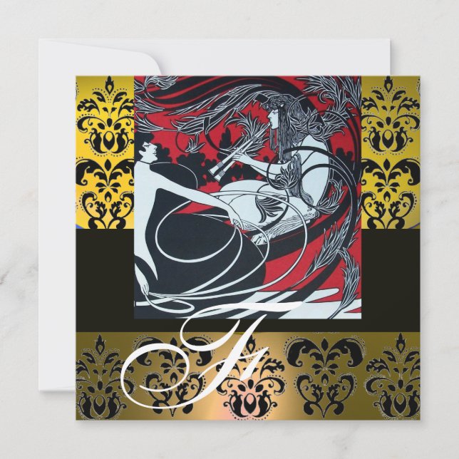 ART NOUVEAU RED BLACK YELLOW WHITE DAMASK MONOGRAM EINLADUNG (Vorderseite)