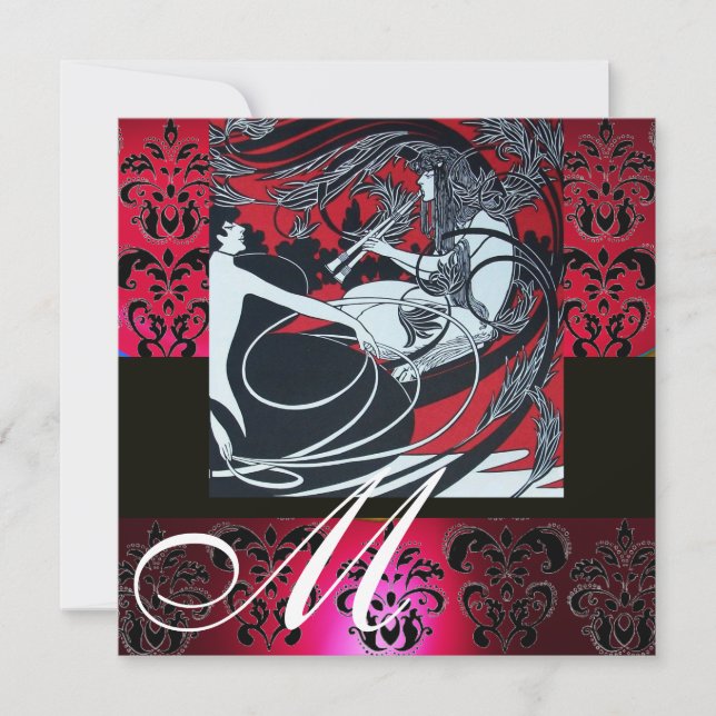 ART NOUVEAU RED SCHWARZ-WEISS DAMASK MONOGRAMM, ru Einladung (Vorderseite)