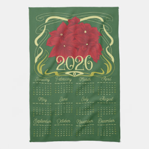 Art Nouveau Retro Floral Poinsettia 2026 Kalender Geschirrtuch