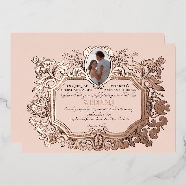 Art Nouveau Rokoko Elegantes Foto Rose Folieneinladung (Vorderseite/Rückseite)