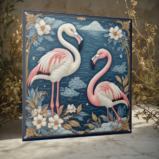 Art Nouveau Romantic Flamingo Couple Floral Motifs Fliese