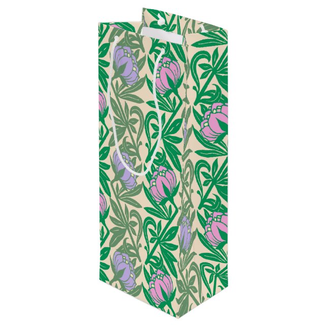 Art Nouveau rosa Wasserliliendamast Geschenktüte Für Weinflaschen (Rückseite Schrägansicht)
