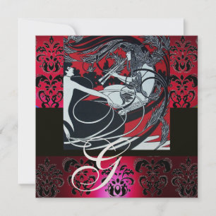 ART NOUVEAU ROT SCHWARZ CHAMPAGNER DAMAST MONOGRAM EINLADUNG