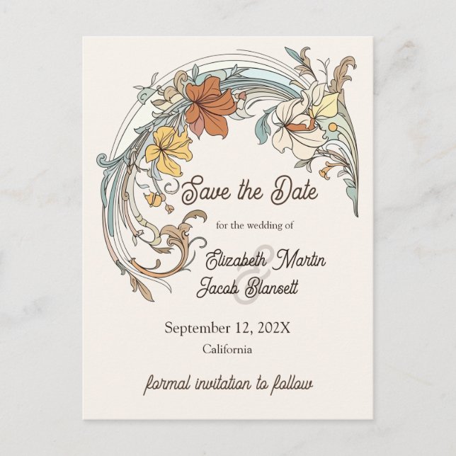 Art Nouveau Save the Date Postkarte (Vorderseite)