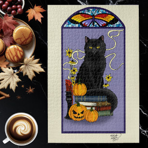 Art Nouveau Schwarze Katze Kürbis Lila Herbst Gelb