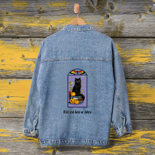 Art Nouveau Schwarze Katze Kürbis Lila Herbst Gelb Jeansjacke