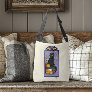 Art Nouveau Schwarze Katze Kürbis Lila Herbst Gelb Tragetaschen Mit Langen Trägern