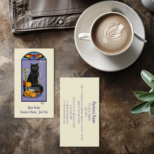 Art Nouveau Schwarze Katze Kürbis Lila Herbst Gelb Visitenkarte