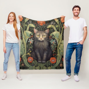 Art nouveau schwarze Katze und rote Blumen Fleecedecke
