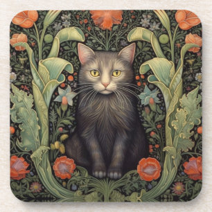 Art nouveau schwarze Katze und rote Blumen Getränkeuntersetzer