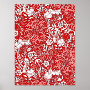 Art Nouveau Seaweed Floral, Korallen Rot und Weiß Poster