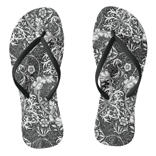Art Nouveau Seaweed Floral, Schwarz und Weiß Flip Flops (Fußbett)