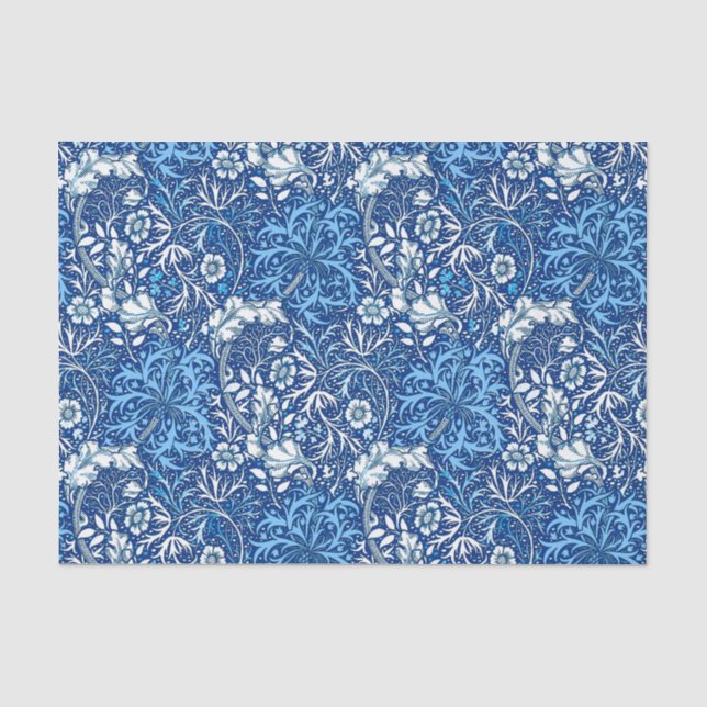 Art Nouveau Seetang Floral, Kobalt Blau und Weiß Seidenpapier (Vorderseite)