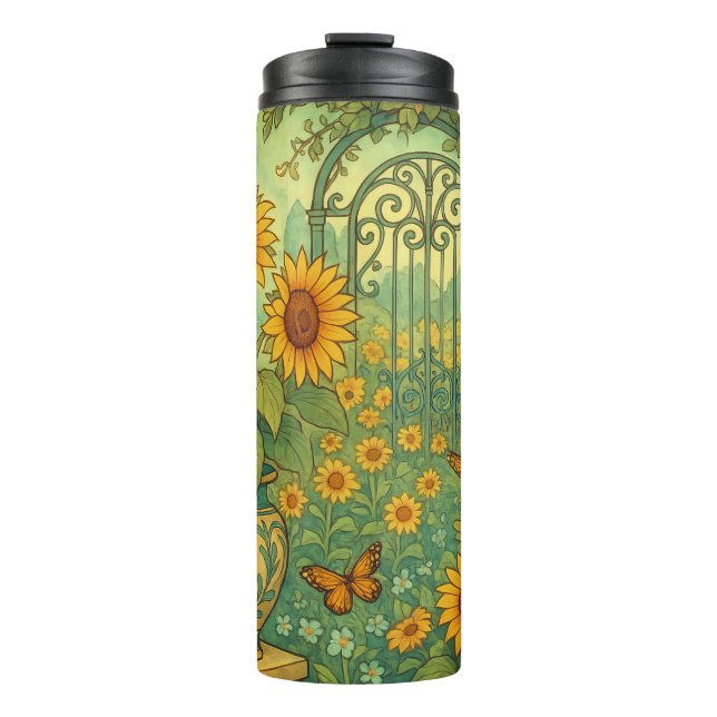 Art Nouveau Sonnenblumen Garten Schmetterlinge Thermosbecher (Vorderseite)