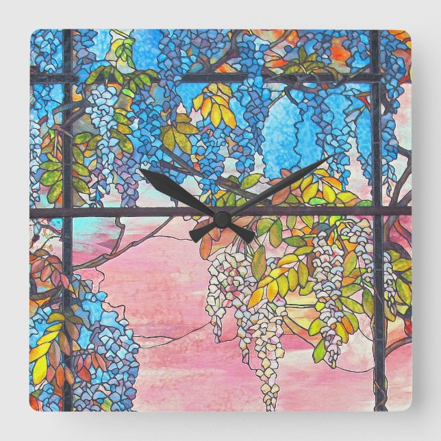 Art Nouveau Stained Glass Wisteria Flowers Clock Quadratische Wanduhr (Vorderseite)