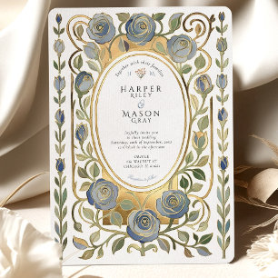 Art Nouveau Staubblau und Goldene Rosen Hochzeit Einladung