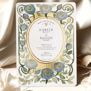 Art Nouveau-Staubblau- und Goldrosen-Hochzeit Einladung