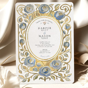 Art Nouveau Staubblau- und Goldrosen-Hochzeit Einladung