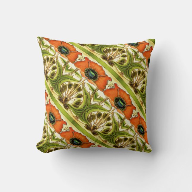ART NOUVEAU STYLIZIERTE GRÜNE ROTE POPPIES KISSEN (Vorderseite)