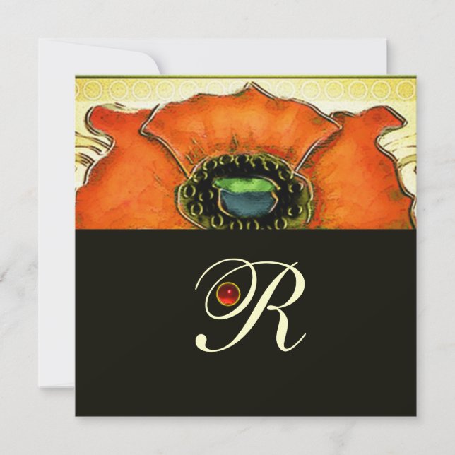 ART NOUVEAU STYLIZIERTES GREEN RED POPPY GEM MONOG EINLADUNG (Vorderseite)