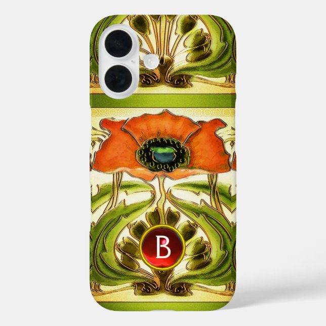 ART NOUVEAU STYLIZIERTES GREEN RED POPPY GEM MONOG iPhone 16 HÜLLE (Rückseite)