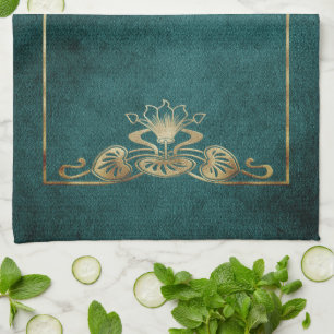 Art Nouveau Suede Look elegante goldgrüne Lotus Geschirrtuch