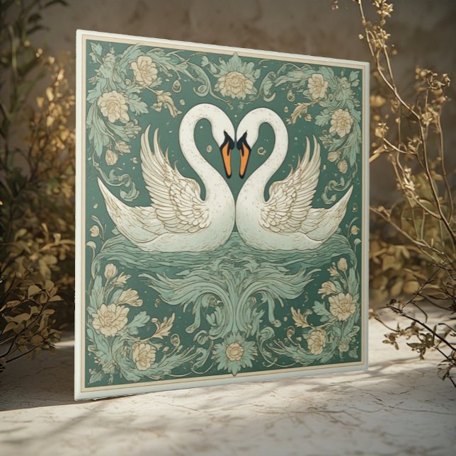 Art Nouveau Swan Couple Decorative Lake Scenery  Fliese (Art Nouveau Swan Couple Decorative Lake Scenery Ceramic Tile)