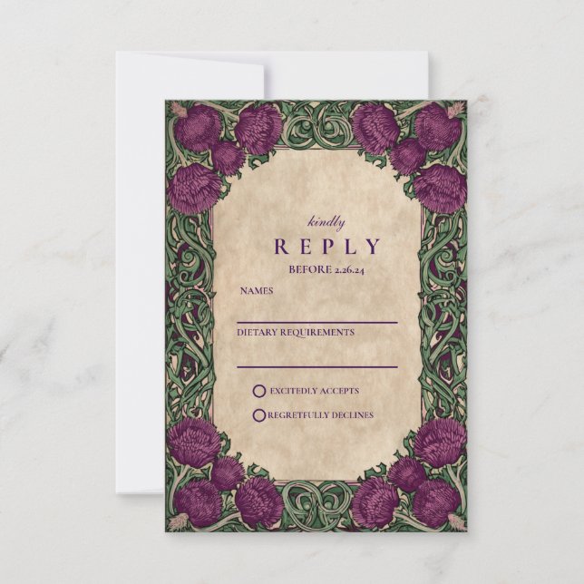 Art Nouveau Thistle Wedding RSVP Karte (Vorderseite)