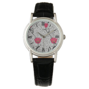 Art Nouveau Tulip Damask, Grau und Rot Armbanduhr